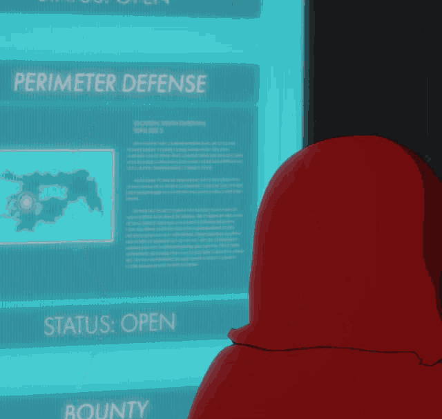 a person in a red hoodie is looking at a computer screen that says perimeter defense