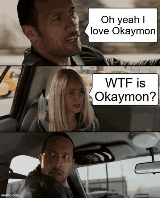 a man and a woman in a car with a caption that says oh yeah i love okaymon