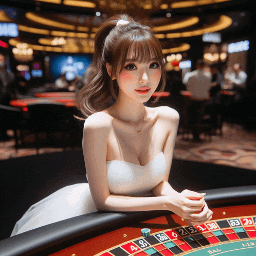 a woman in a white dress sits at a table with a roulette wheel that says bal on it