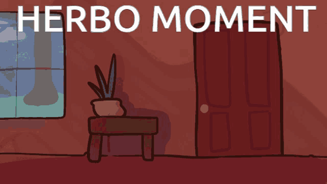 a cartoon character is standing in front of a door with the words herbo moment written above him