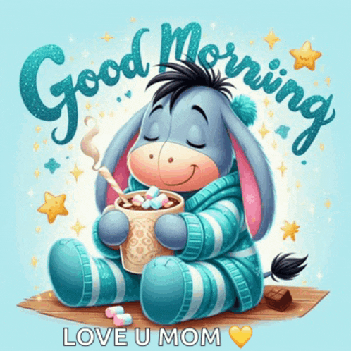 eeyore from winnie the pooh holding a cup of hot chocolate with marshmallows