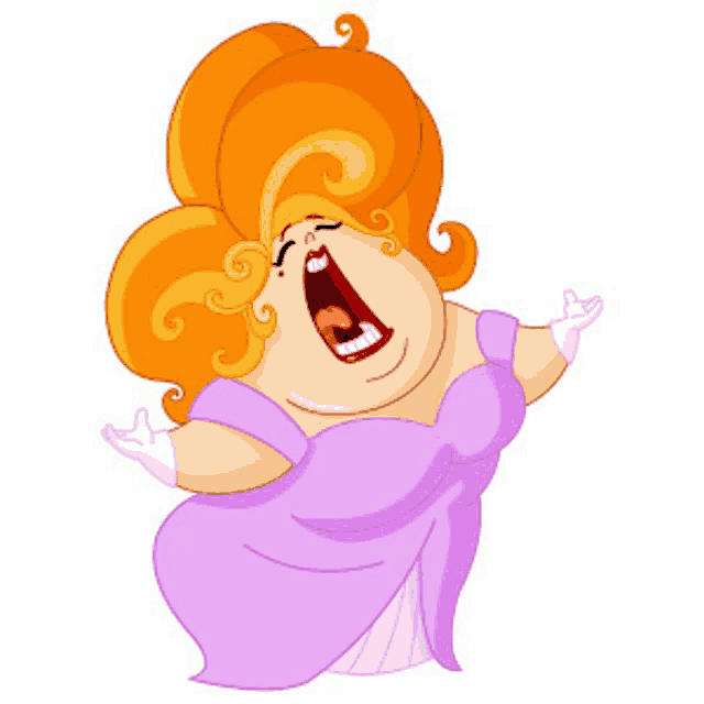 a cartoon woman in a purple dress is singing with her mouth wide open