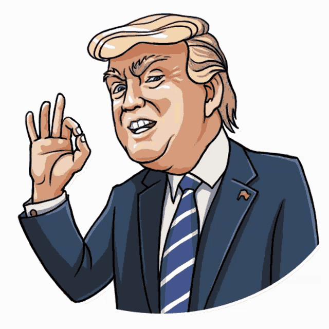 a cartoon of donald trump in a suit and tie giving the ok sign