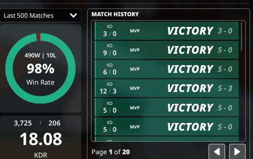 a screen shows the last 500 matches of a game and the match history