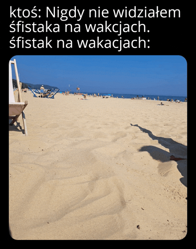 a picture of a sandy beach with a caption that says nigdy nie widziałem