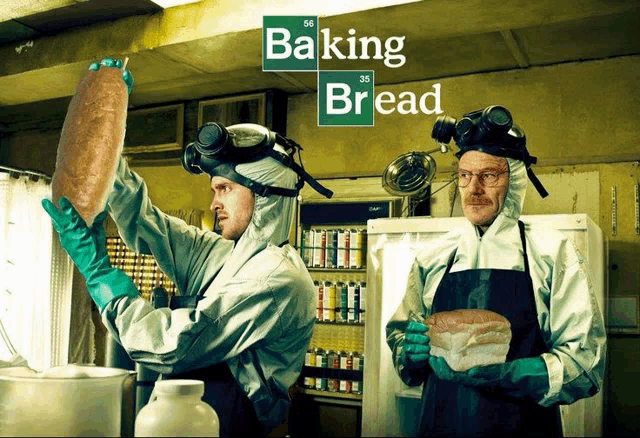 a poster for baking bread shows two men in lab coats holding bread