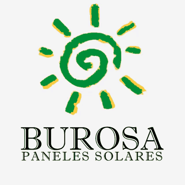 a logo for burosa paneles solares with a green sun on a white background