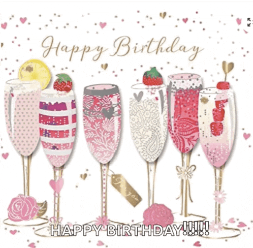 a happy birthday card with glasses of champagne and strawberries