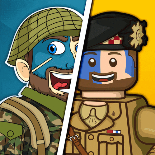 a cartoon of a soldier and a lego soldier on a yellow and blue background