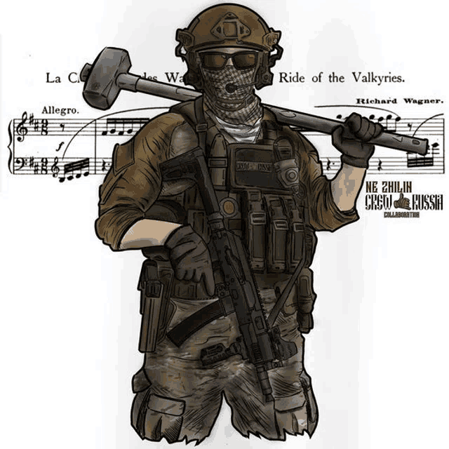 a drawing of a soldier holding a hammer with the words ride of the valkyries written in the background