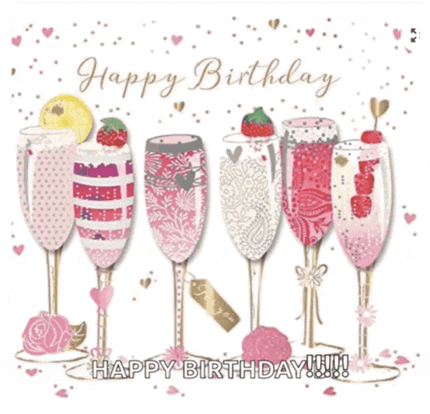 a birthday card with champagne glasses and the words happy birthday on it