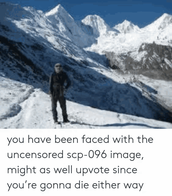 a man is standing on top of a snow covered mountain with mountains in the background .