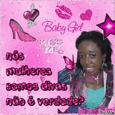 a picture of a woman on a pink background with the words `` baby girl kiss me '' on it .