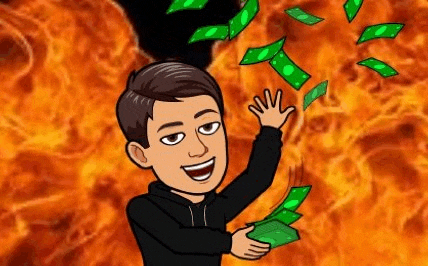 a cartoon of a man holding money in front of a fire background .