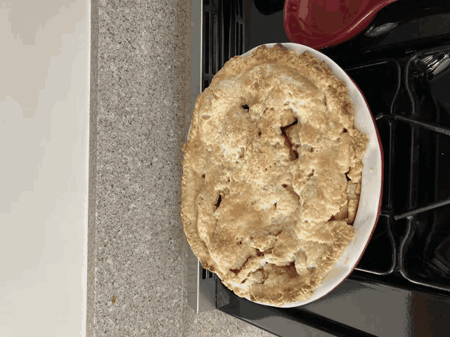 an apple pie sitting on top of a stove top oven