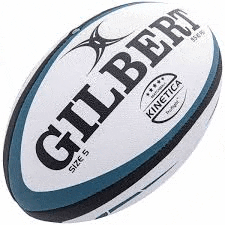 a gilbert kinetica rugby ball is white and blue and has a black stripe on the side .