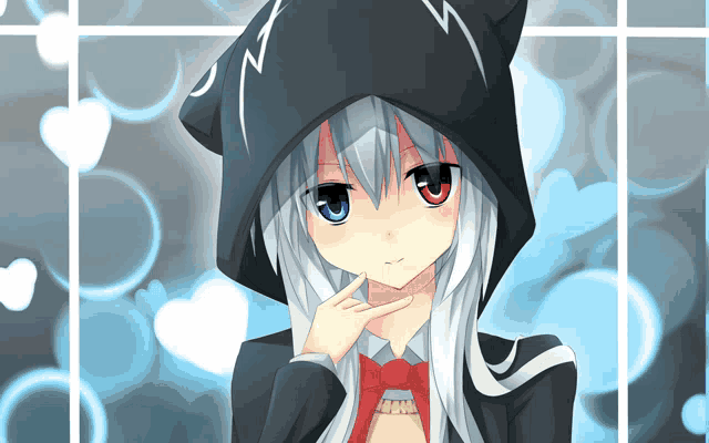 a girl with white hair and red eyes is wearing a black hoodie