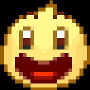 a pixelated smiley face with a red mouth