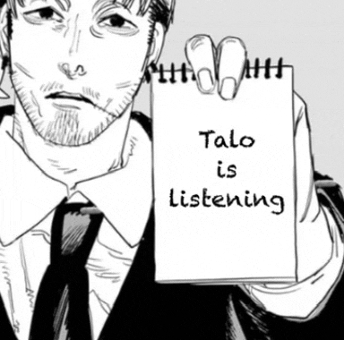 a man is holding a notepad that says talo is listening .