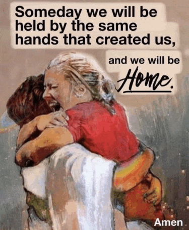 a painting of a woman hugging a man with the words " someday we will be held by the same hands that created us "