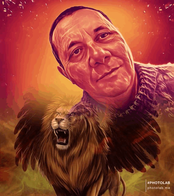 a painting of a man and a lion with #photolab written on the bottom