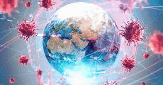 a computer generated image of a globe surrounded by red and blue viruses .