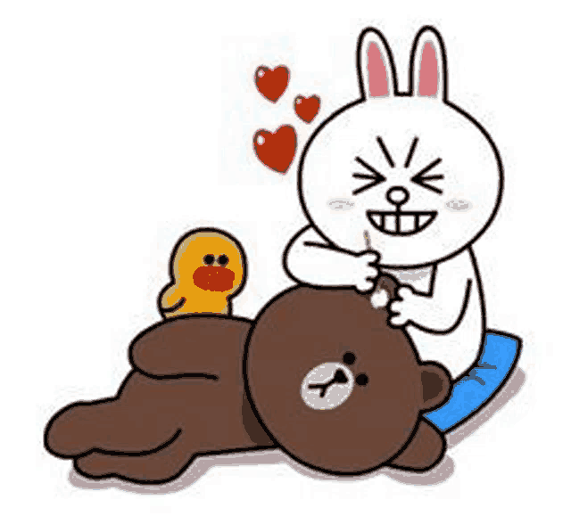 a rabbit is giving a brown bear a massage while a duck looks on .