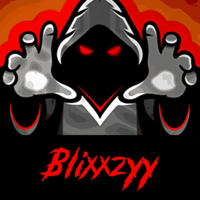 a logo for blixxzy has a hooded figure with red eyes