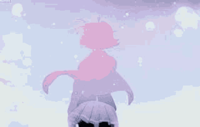 a girl with pink hair is standing in the snow with a purple background .