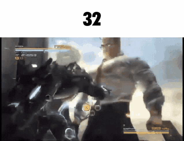 a man in a suit and tie is fighting a robot in a video game with the number 32 above him .