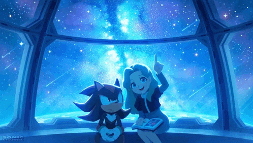 a cartoon of shadow the hedgehog and a girl looking up at the stars