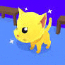 a yellow cat is standing on a blue floor next to a wooden bench .