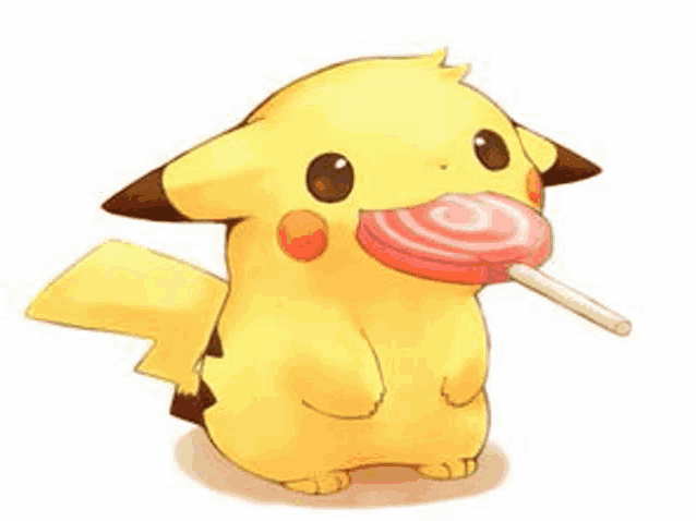 a cartoon pikachu is eating a lollipop .