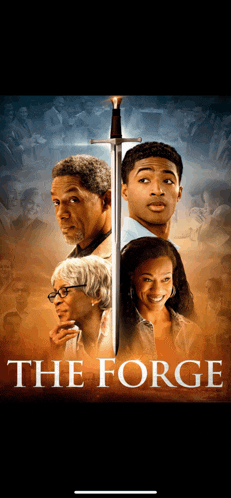 a movie poster for the forge shows a man holding a sword between two women