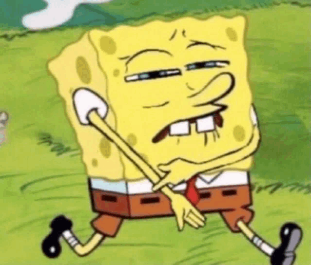 spongebob squarepants is sitting on the grass making a funny face while holding a stick .