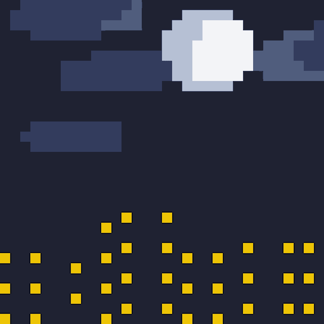 a pixel art of a full moon rising over a city at night .