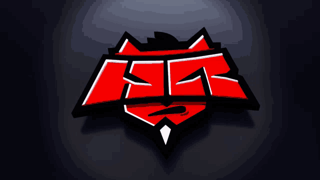 a red and black logo on a dark background