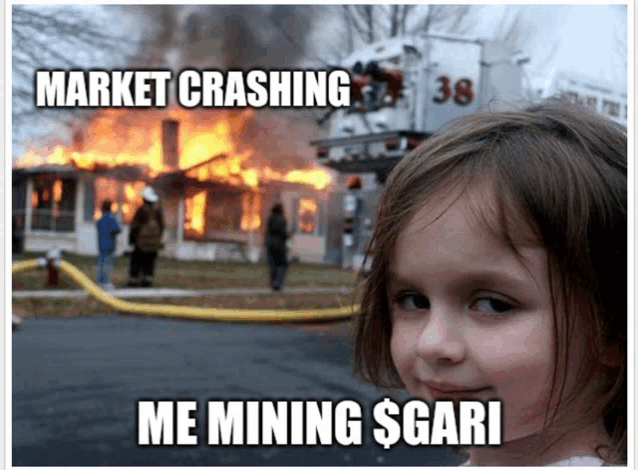 a little girl stands in front of a burning house with the words market crashing me mining $ gari on the bottom