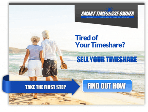 an advertisement for smart timeshare owner shows an older couple walking on the beach