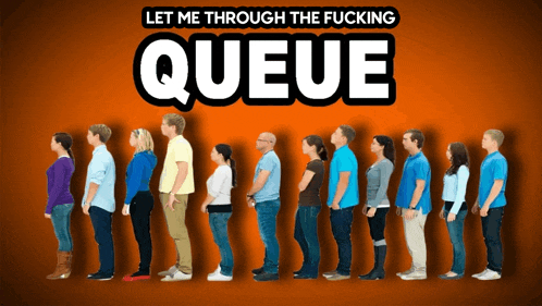 a group of people are standing in a line under a sign that says queue