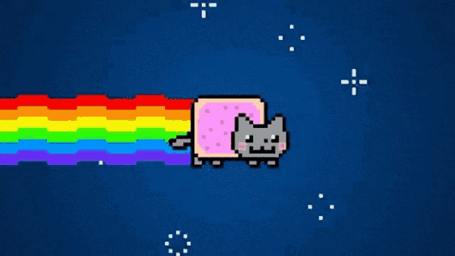 a pixel art drawing of a cat with a rainbow coming out of its mouth