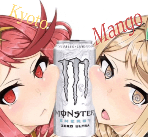 two anime girls are standing next to a can of monster energy zero ultra