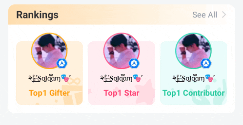 a screenshot of a website showing the rankings for top 1 gifter and top 1 star and top 1 contributor