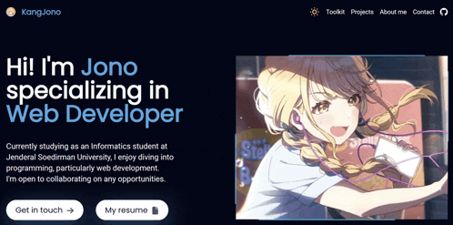 a screenshot of a website that says " hi i 'm jono specializing in web developer " on it