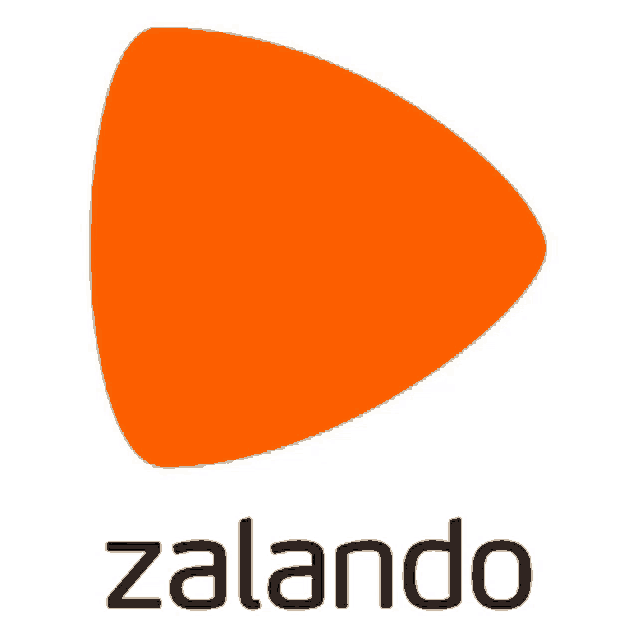 an orange triangle with the word zalando written below it