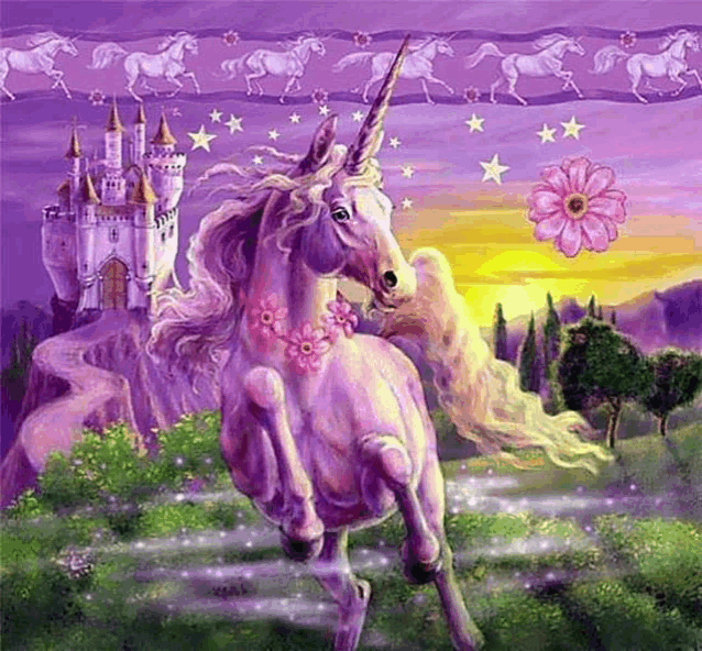 a painting of a unicorn standing in front of a purple castle