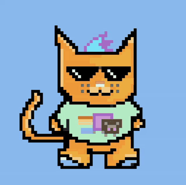 a pixel art of a cat wearing sunglasses and a birthday hat