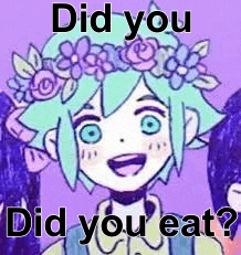 a girl with a flower crown on her head is smiling and asking did you eat .