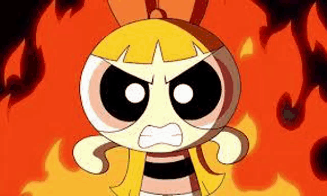 a cartoon character is standing in front of a fire and making a funny face .