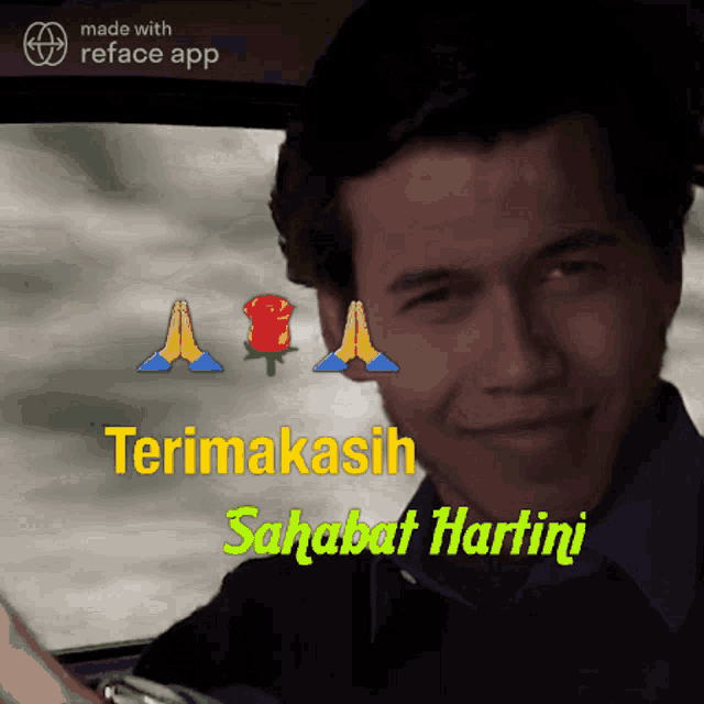 a man in a car with the words terima kasih sahabat hartini on the bottom